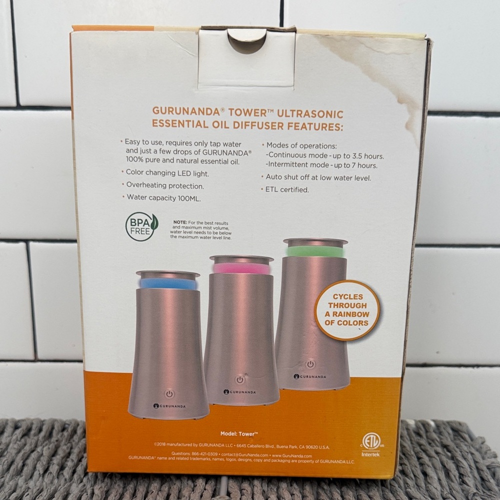 GuruNanda Rose Gold Tower Ultrasonic Essential Oil Diffuser Set NIB - Picture 3 of 9